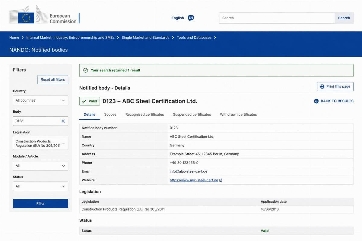 Screenshot of an official EU database showing verified Notified Body status for steel certification