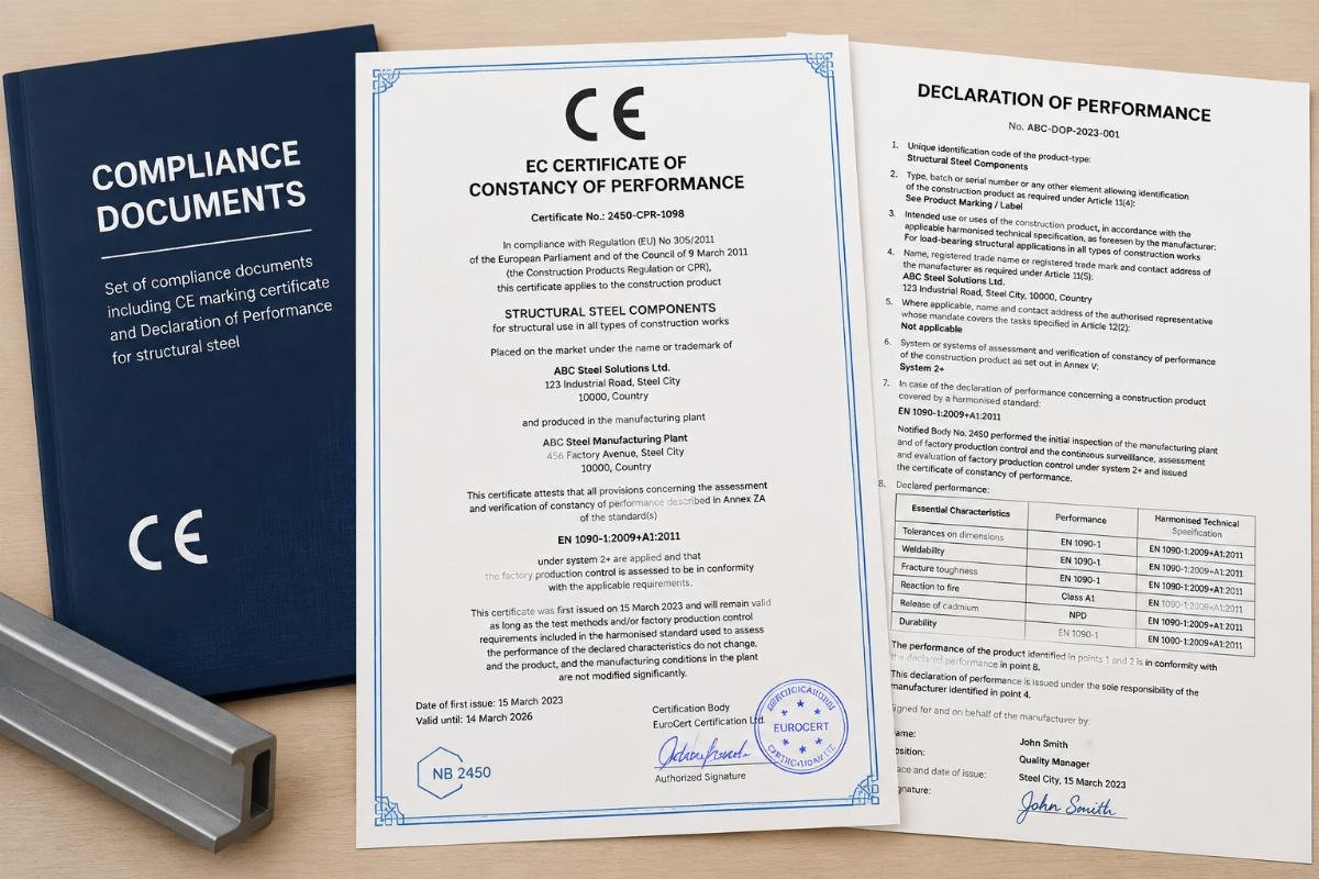 Set of compliance documents including CE marking certificate and Declaration of Performance for structural steel
