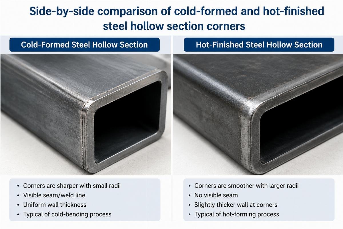 Side-by-side comparison of cold-formed and hot-finished steel hollow section corners