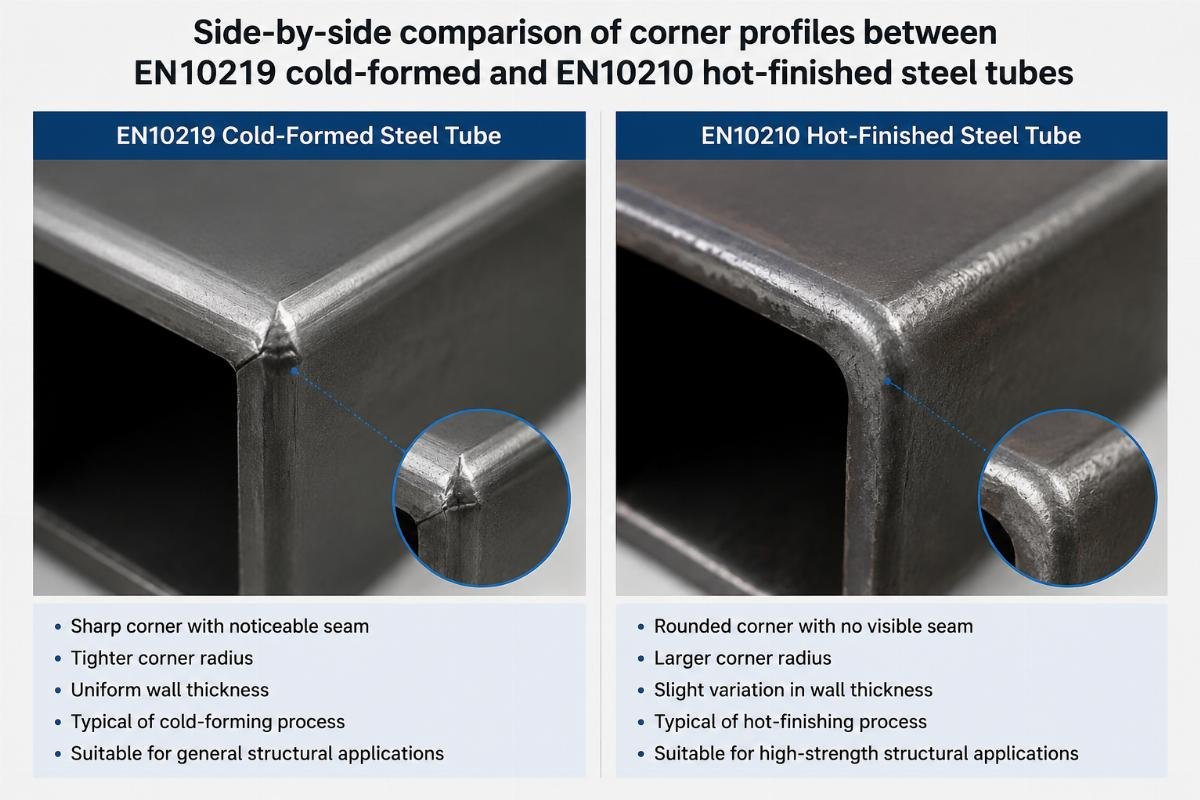 Side-by-side comparison of corner profiles between EN10219 cold-formed and EN10210 hot-finished steel tubes