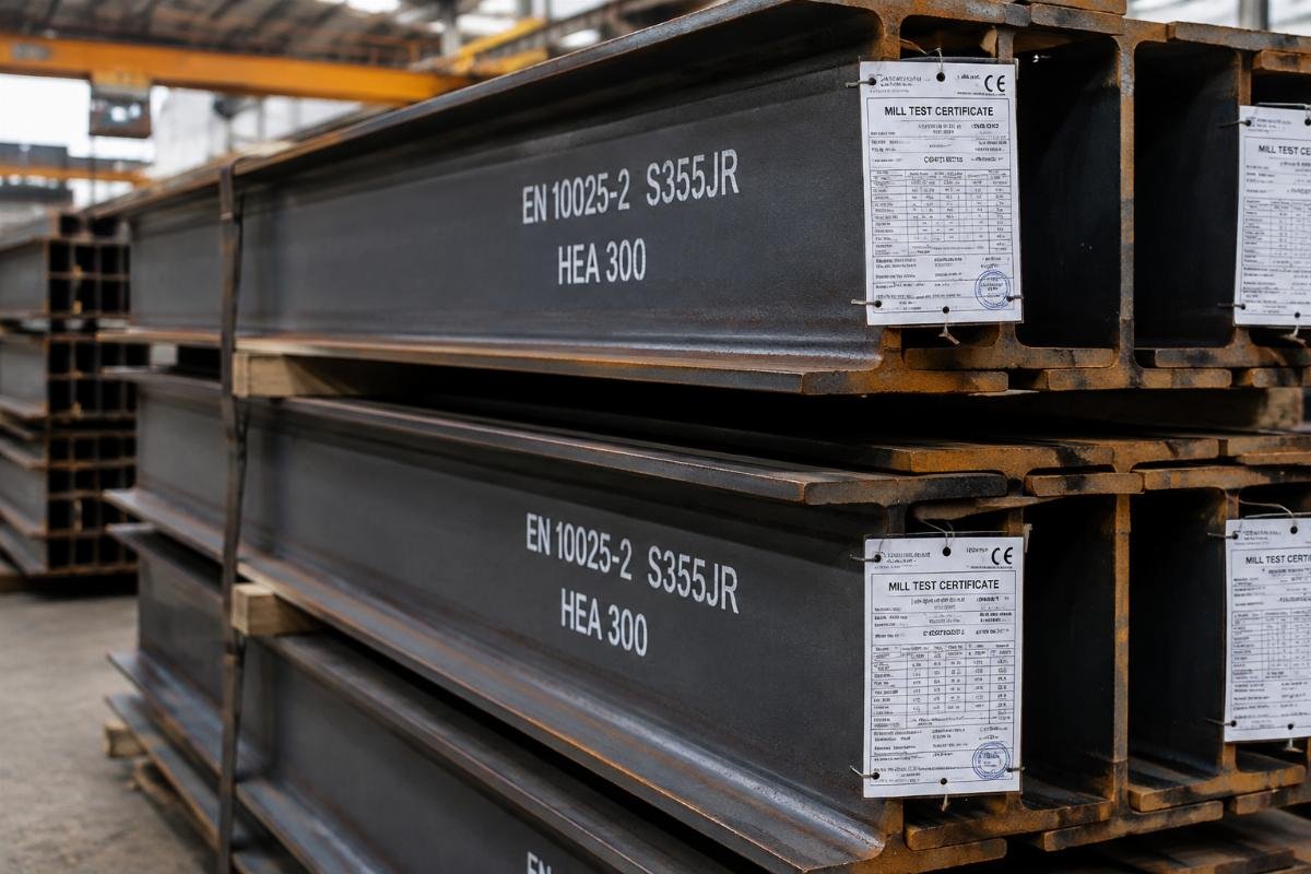 Stack of certified structural steel beams with visible EN standard markings and Mill Test Certificates