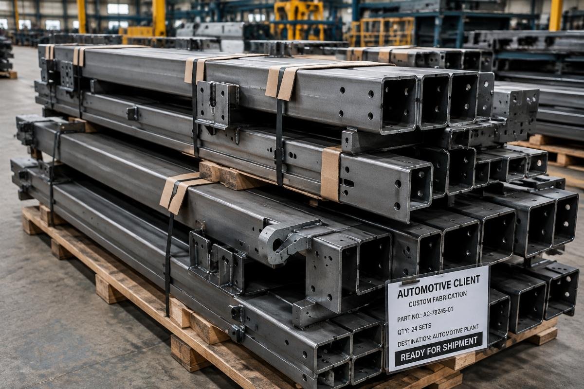 Stack of custom-cut steel beams ready for shipment to automotive client