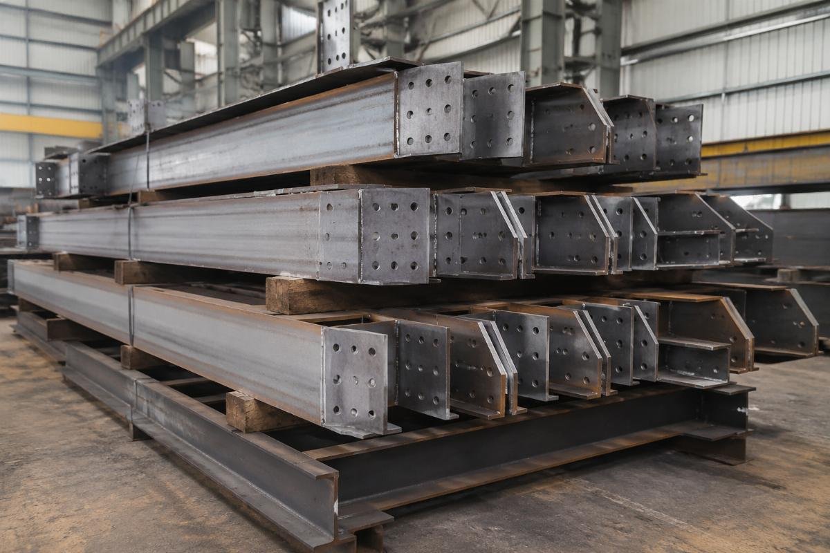 Stack of custom-cut structural steel beams ready for surface treatment and shipping