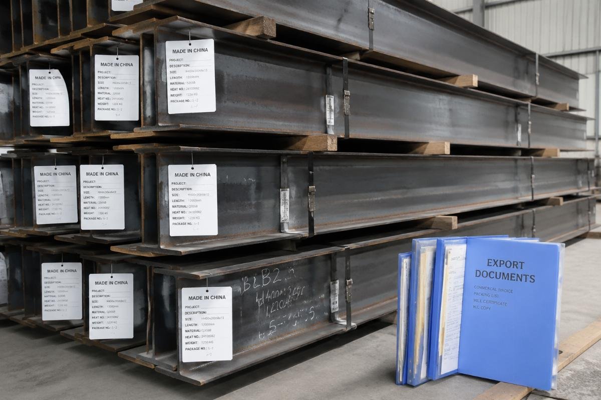 Stack of exported steel beams with visible tagging and accompanying documentation folders
