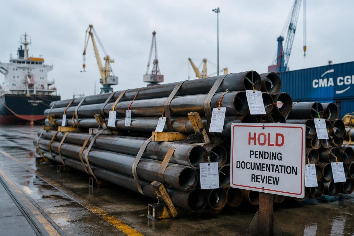 Stack of steel tubes held at a port pending documentation review