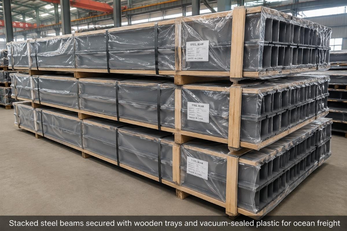 Stacked steel beams secured with wooden trays and vacuum-sealed plastic for ocean freight