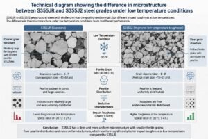 Technical diagram showing the difference in microstructure between S355JR and S355J2 steel grades under low temperature conditions