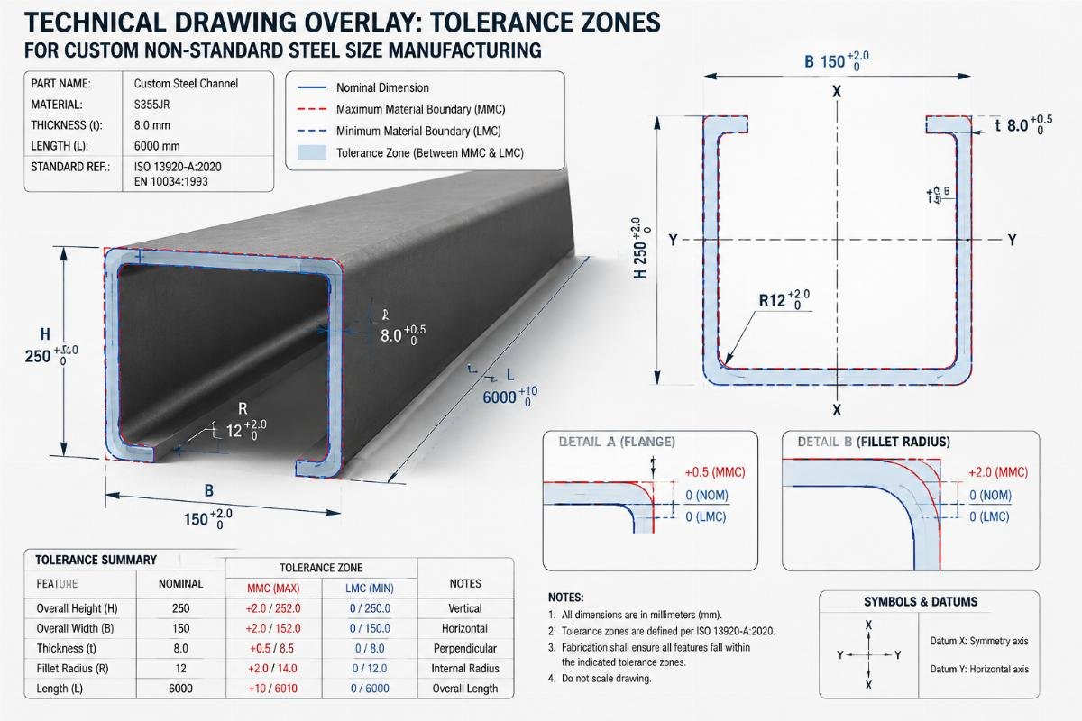 Technical drawing overlay showing tolerance zones for custom non-standard steel size manufacturing