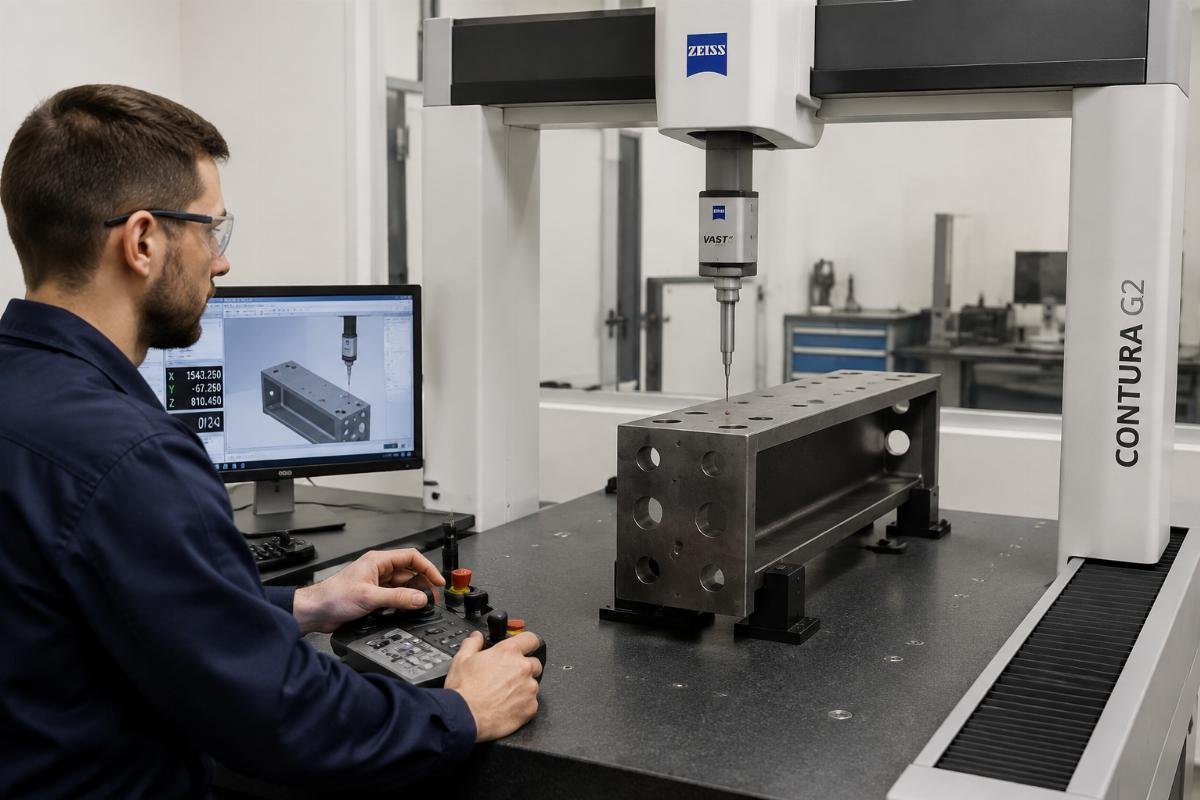 Technician operating a Coordinate Measuring Machine to verify dimensions of a machined steel beam end