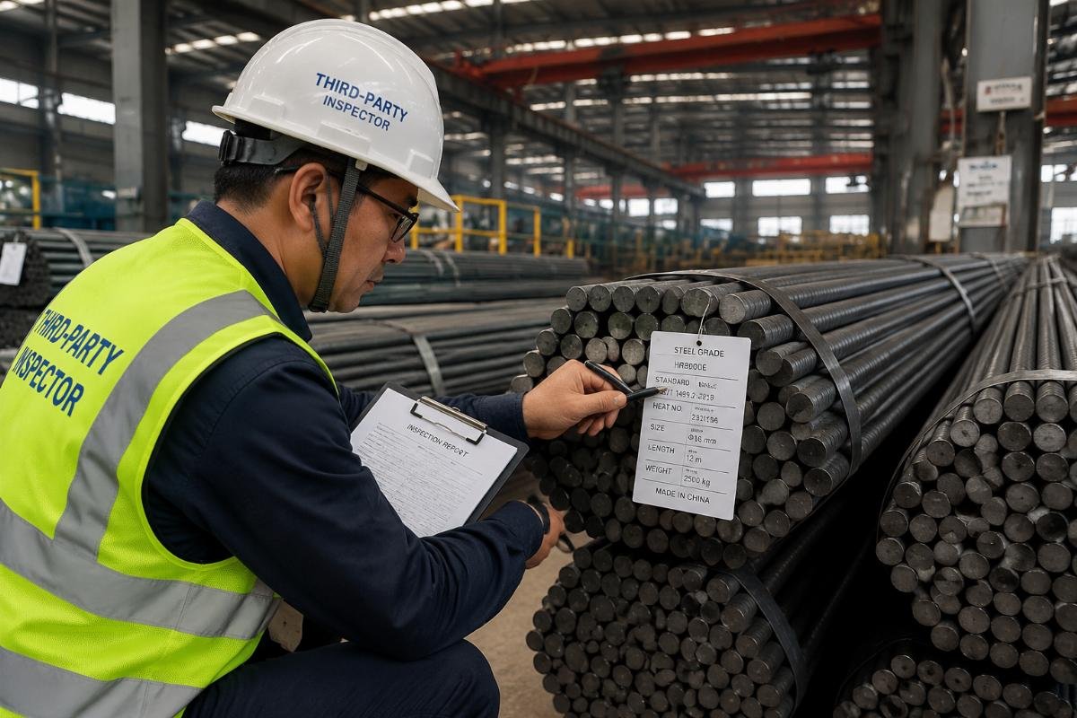 Third-party inspector verifying steel grade markings and documentation at factory