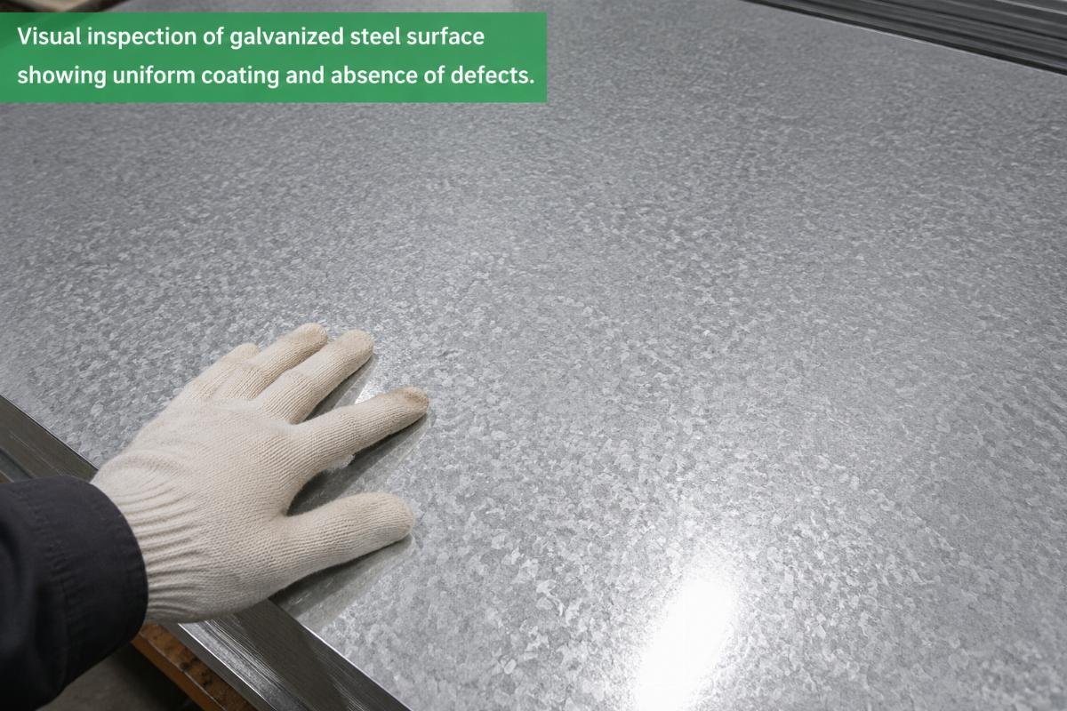 Visual inspection of galvanized steel surface showing uniform coating and absence of defects