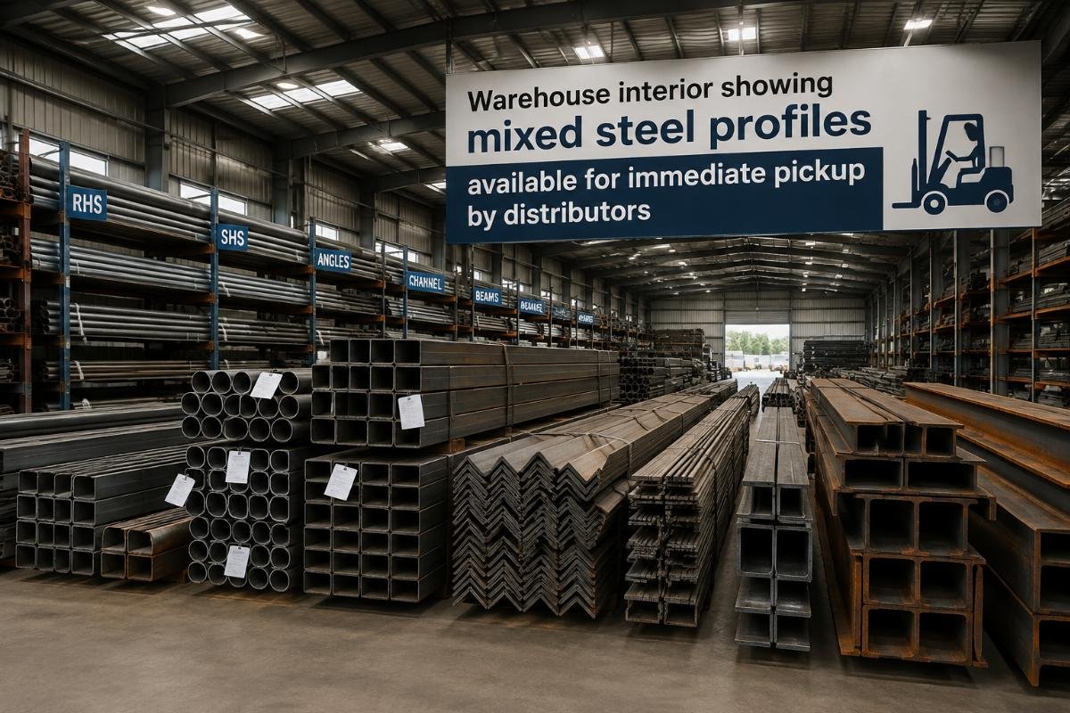 Warehouse interior showing mixed steel profiles available for immediate pickup by distributors