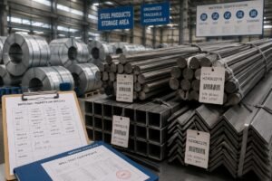Warehouse scene showing organized steel products with visible heat number tags and accompanying documentation