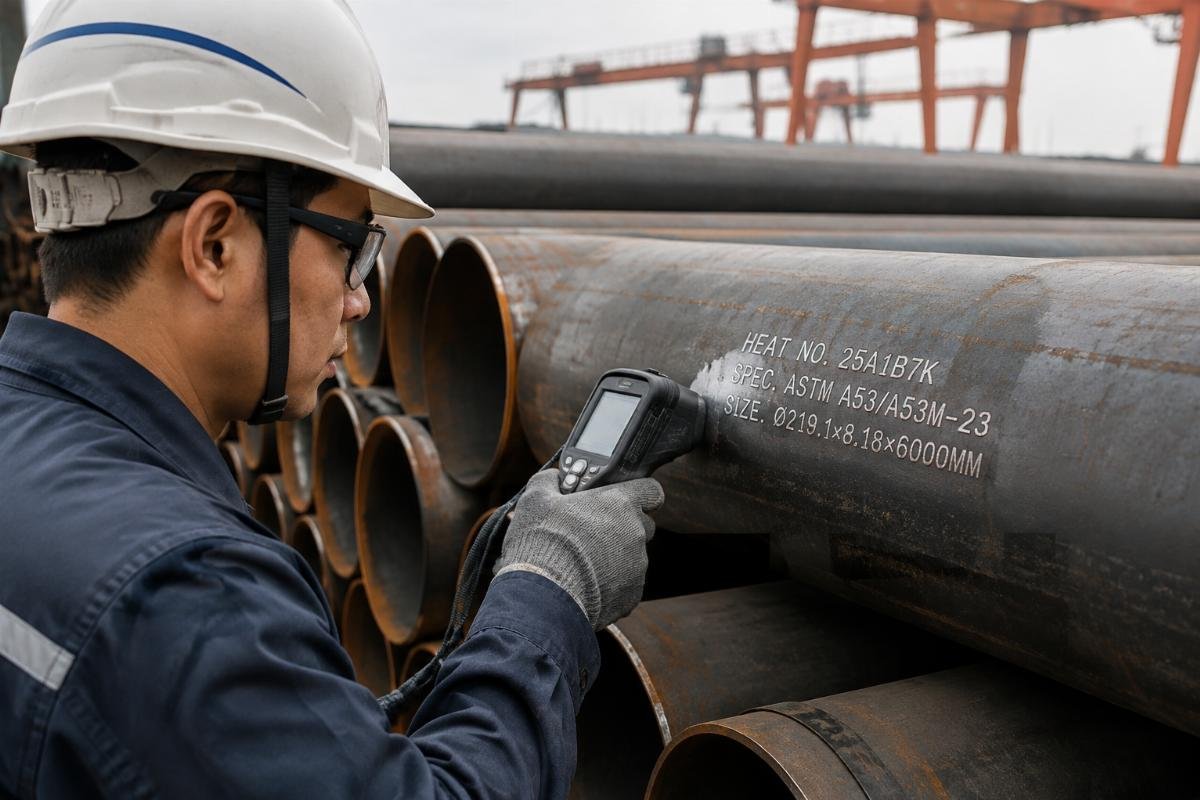 Worker inspecting heat number stamps on structural steel pipes with a handheld scanner