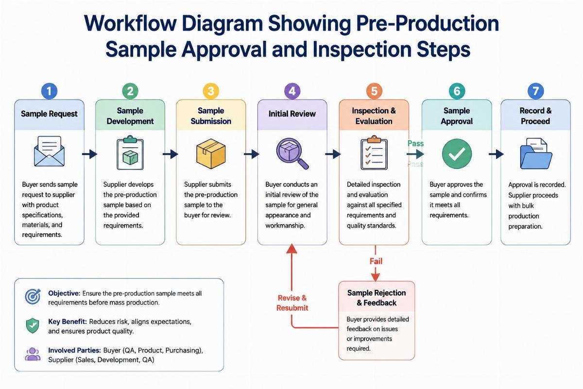Workflow diagram showing pre-production sample approval and inspection steps